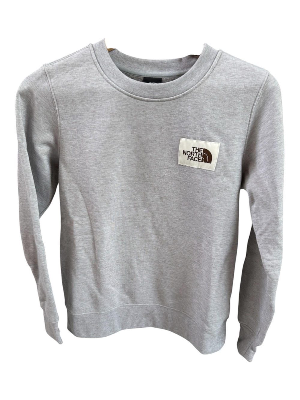 The North Face Women’s Light Gray Crew Sweatshirt with Chest Logo Patch